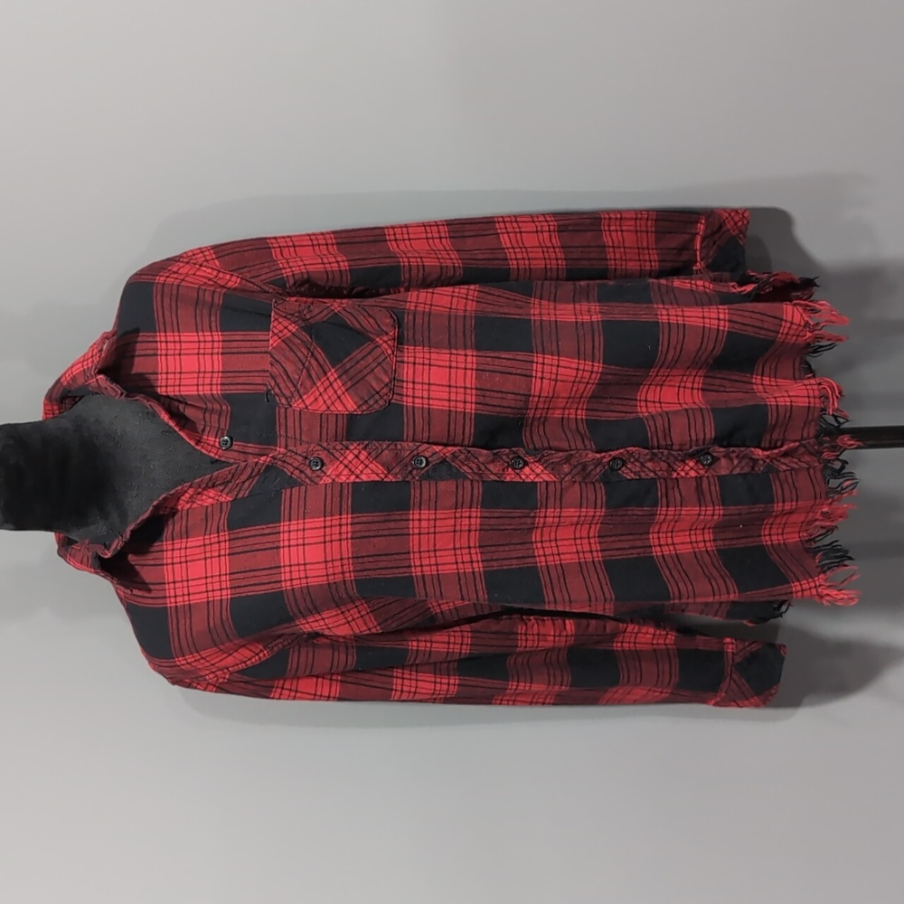Red&Black plaid button down with fringe hem